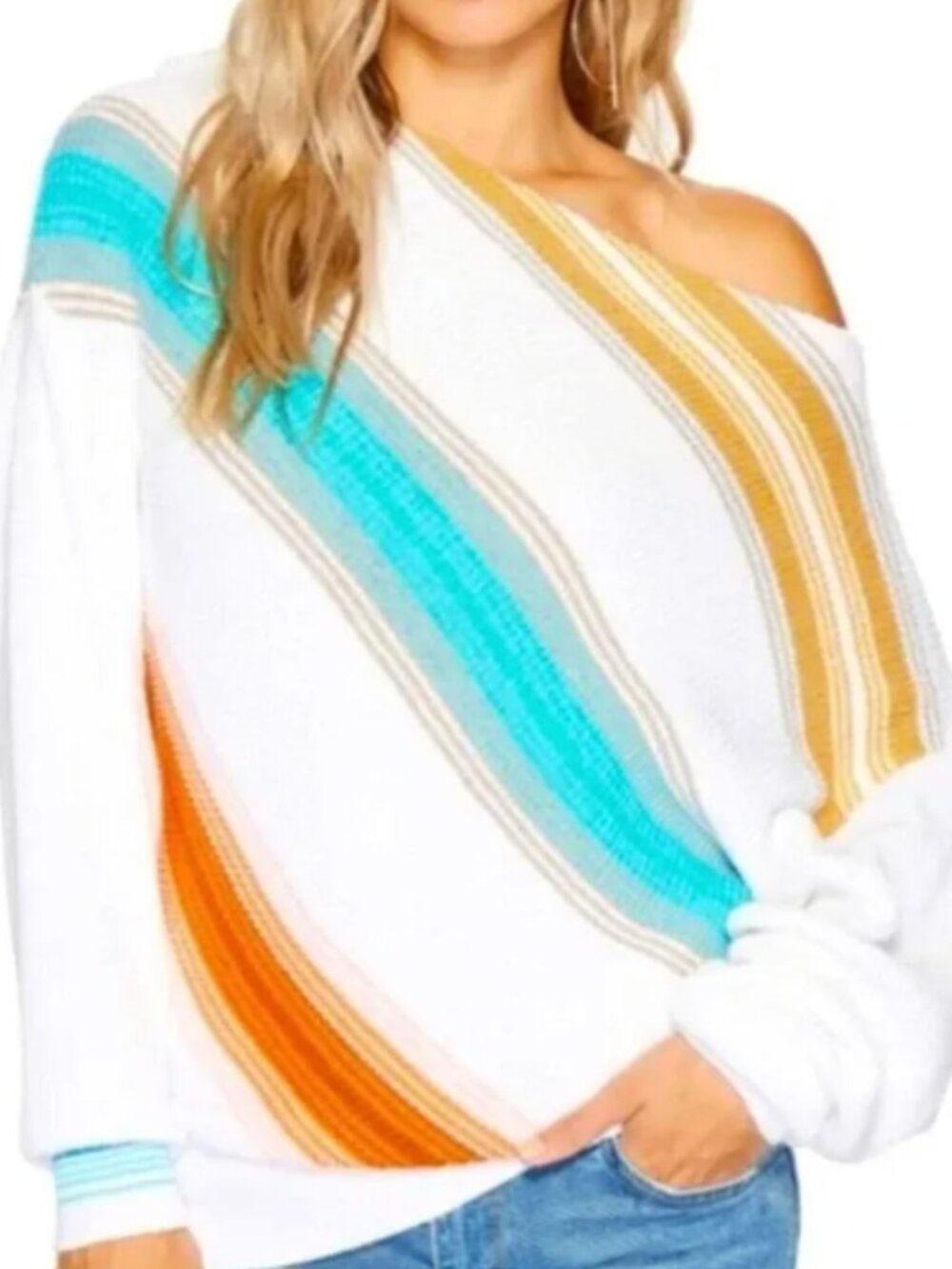 Free People Spectrum Stripe Sweater Small Oversized Off Shoulder Slouchy Cotton